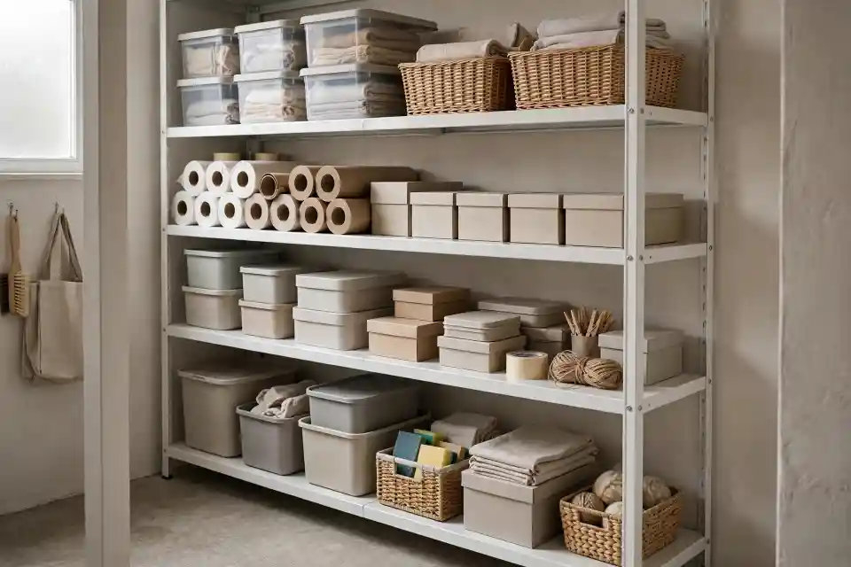 Scaffalatura metallica bianca in stile BOAXEL IKEA in un ripostiglio di casa, contenitori impilati in modo ordinato, rotoli di carta, confezioni domestiche e piccole scatole organizzate per categoria, colori neutri, luce morbida, inquadratura a tre quarti