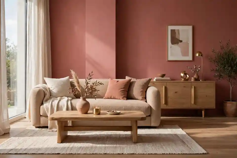 Soggiorno elegante con pareti in colore cipria bruciato e arredi in legno naturale Soggiorno contemporaneo elegante con pareti in colore cipria bruciato, divano bouclé beige caldo, madia in rovere naturale con maniglie in ottone satinato, tavolino basso in legno massello, tappeto crema e lampada design, arredamento caldo sofisticato