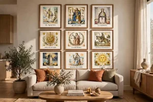 Soggiorno contemporaneo luminoso con gallery wall di nove quadri ispirati a tarocchi e carte napoletane - Il Matto, Re di Coppe, La Papessa, Asso di Denari, La Giustizia, Cavallo di Bastoni, La Torre, Regina di Coppe e Il Sole - sopra divano in lino beige, idea arredamento con illustrazioni di carte
