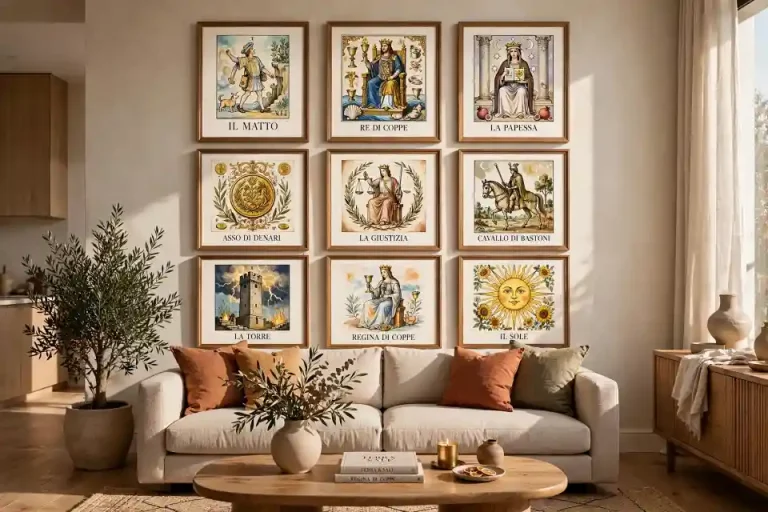 Soggiorno contemporaneo luminoso con gallery wall di nove quadri ispirati a tarocchi e carte napoletane - Il Matto, Re di Coppe, La Papessa, Asso di Denari, La Giustizia, Cavallo di Bastoni, La Torre, Regina di Coppe e Il Sole - sopra divano in lino beige, idea arredamento con illustrazioni di carte