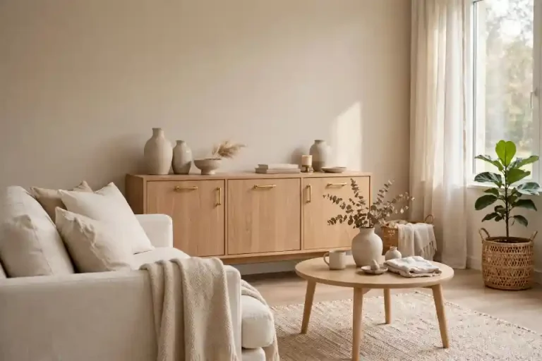 Soggiorno moderno luminoso con parete greige caldo, divano in lino panna e credenza in rovere chiaro con dettagli in ottone