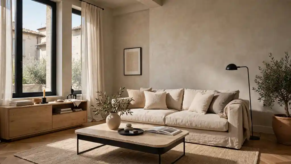Soggiorno italiano con pareti dipinte in greige sabbia materico, divano in lino beige, mobile basso in rovere, tavolino con top in travertino e lampada nera