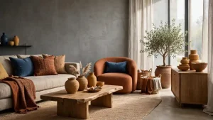 Soggiorno contemporaneo che interpreta la palette terrose colori freddi con parete grigio cemento, divano beige argilla con cuscini blu profondo e terra bruciata, poltrona bouclé terracotta, tavolino in legno con vasi ocra e tappeto sabbia.