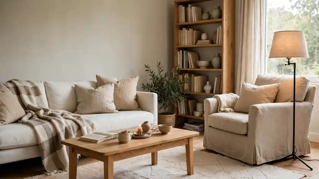 Soggiorno hygge luminoso con divano bianco, poltrona beige e legno naturale Soggiorno hygge luminoso con divano in lino bianco, poltrona beige, tavolino in legno con libro e tazza, libreria in rovere e arredi naturali