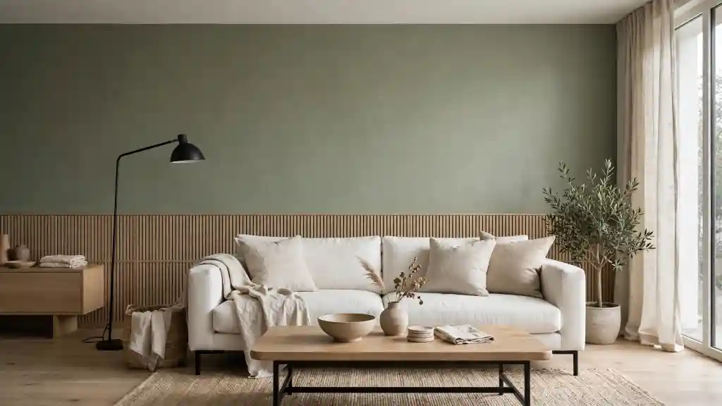 Soggiorno japandi verde wasabi con divano avorio e tavolino rovere chiaro Soggiorno japandi con parete verde wasabi desaturato, divano avorio in lino e tavolino in rovere chiaro con metallo nero