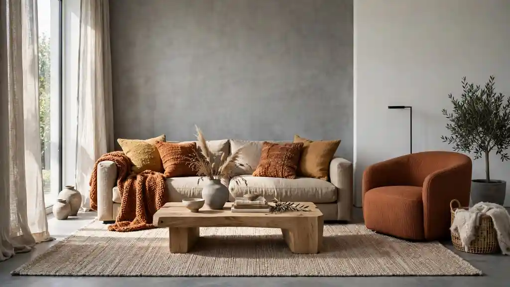Soggiorno minimal grigio e terracotta con cuscini ocra Soggiorno sofisticato in palette terrose colori freddi con base grigio cemento e bianco freddo, divano in lino beige, poltrona terracotta curva, cuscini ocra e ruggine, tavolino in legno chiaro e tappeto juta color sabbia con luce naturale laterale.