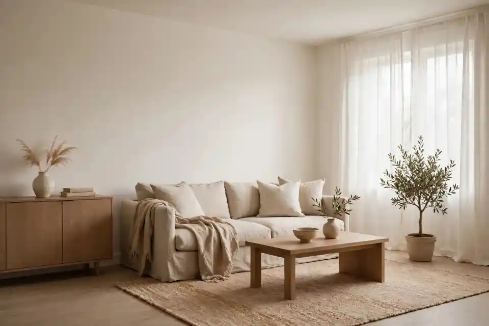 Soggiorno naturale con divano in lino e legno chiaro creato con prompt AI per l'arredamento Soggiorno luminoso in stile naturale con divano in lino beige, tavolino in legno chiaro e credenza, creato con prompt AI per l'arredamento
