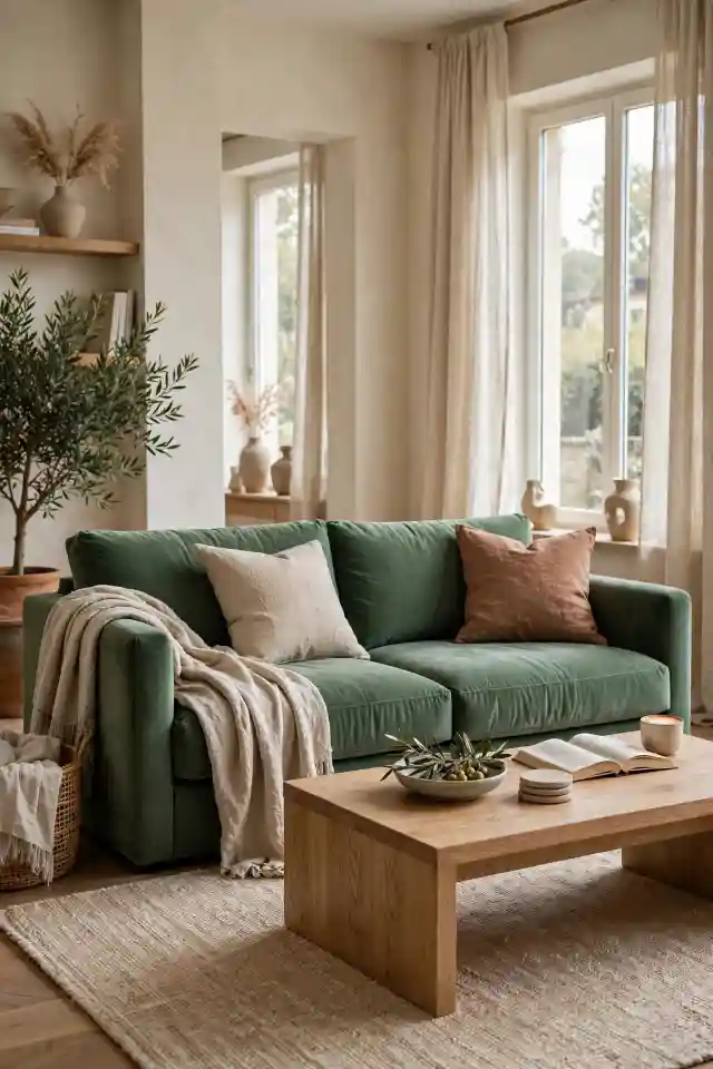 Soggiorno Moderno con Accenti Verde Giada Soggiorno contemporaneo italiano con divano verde giada, parete avorio, tavolino in rovere e tappeto beige