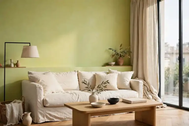 Soggiorno luminoso con parete verde tiglio, divano panna e tavolino in rovere