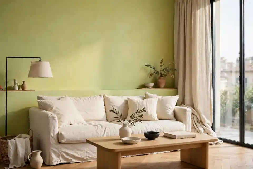 Soggiorno contemporaneo in verde tiglio con abbinamenti naturali Soggiorno luminoso con parete verde tiglio, divano panna e tavolino in rovere