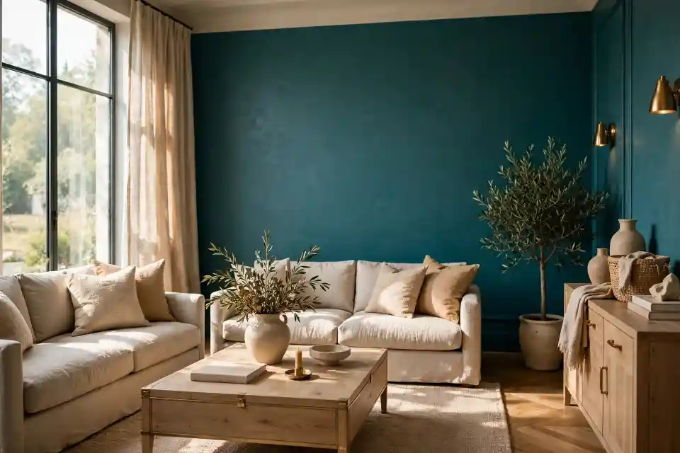 Soggiorno con parete color ottanio e arredi in legno chiaro e beige Soggiorno luminoso con parete color ottanio, divani in lino beige, tavolino in legno chiaro e luce naturale da ampia vetrata
