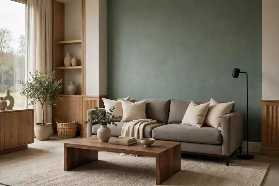 Soggiorno moderno verde eucalipto polvere con noce e taupe Soggiorno contemporaneo con parete verde eucalipto polvere, divano taupe e tavolino in noce