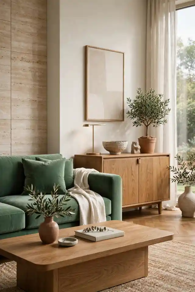 Soggiorno con divano in velluto verde giada - Foto principale Soggiorno elegante con divano in velluto verde giada, tavolo in rovere naturale e pareti avorio