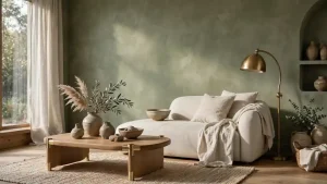 Soggiorno contemporaneo con parete verde lichene colore, divano avorio e arredi in legno naturale