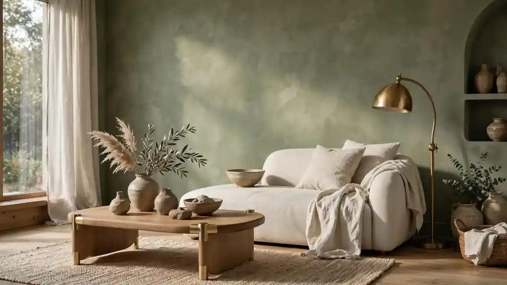 Soggiorno contemporaneo con parete verde lichene colore, divano avorio e arredi in legno naturale