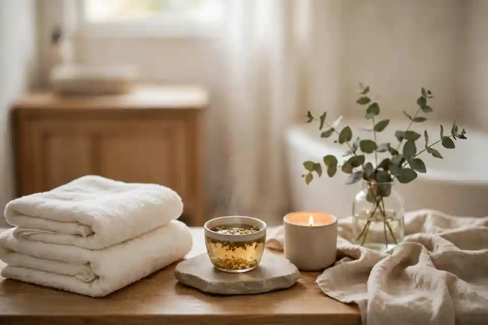 Preparazione atmosfera rilassante per spa a casa con asciugamani avorio, tisana fumante, candela in ceramica e vaso di eucalipto su tavolino in legno