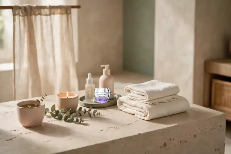 Spa a casa con crema Lancôme Rénergie H.P.N. 300-Peptide su vassoio in ceramica, tra asciugamani avorio, candela accesa e rametto di eucalipto