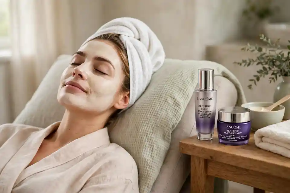 Donna rilassata con maschera viso cremosa e asciugamano in testa durante pausa spa a casa, accanto a Lancôme Rénergie H.C.F. Triple Serum e Multi-Lift Nuit