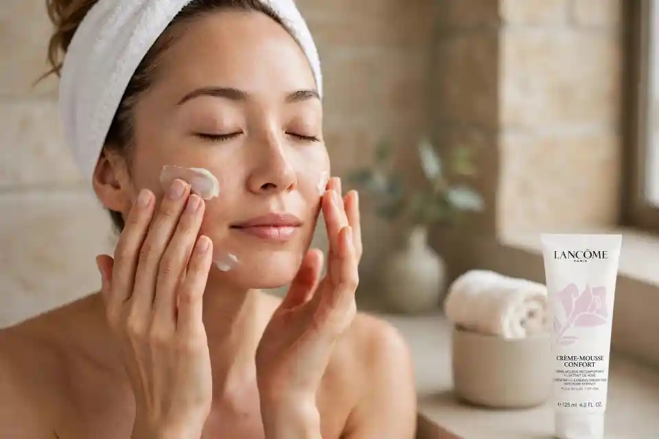Donna con asciugamano bianco che applica delicata crema detergente sul viso durante rituale di spa a casa, con tubetto Lancôme Crème-Mousse Confort sul piano bagno