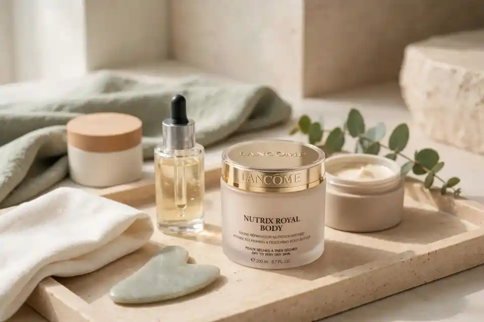 Composizione still-life per spa a casa con vassoio in travertino, siero in boccetta con contagocce, pietra gua sha e Lancôme Nutrix Royal Body in primo piano