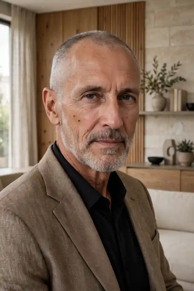 Buzz cut grigio per uomo over 50 con diradamento leggero Uomo di 60 anni con buzz cut grigio molto corto, leggero diradamento frontale, barba corta bianca curata e giacca in lino tortora in soggiorno moderno con pareti in pietra chiara e legno