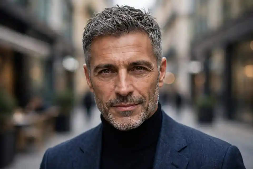Taglio capelli uomo over 50: crop corto con texture Taglio capelli uomo over 50 crop corto sale e pepe con texture spettinata, abbinato a barba curata