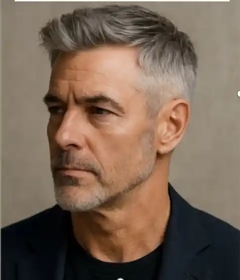 Taglio capelli uomo over 50: grigio texture e lati sfumati Un taglio capelli uomo over 50 che esalta il grigio naturale con texture sulla parte alta e lati sfumati, elegante e di facile gestione