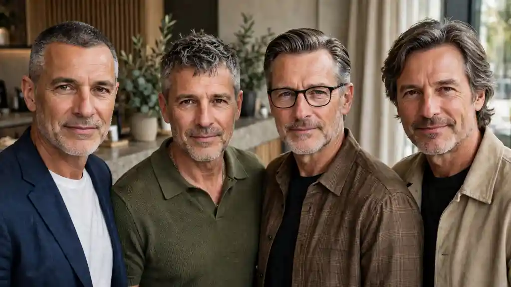 Taglio capelli uomo over 50: quattro stili a confronto Quattro uomini over 50 con tagli di capelli diversi: corto brizzolato, riccio naturale, pettinato all'indietro e mosso con ciocche