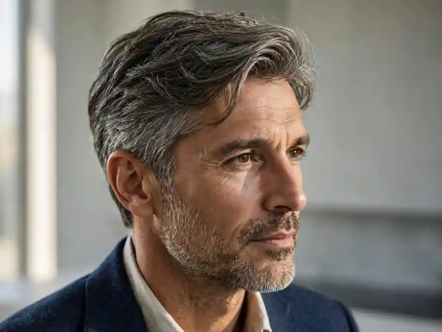 Taglio capelli uomo over 50: sale e pepe con ciuffo mosso Taglio capelli uomo over 50 sale e pepe con ciuffo laterale mosso e barba curta brizzolata