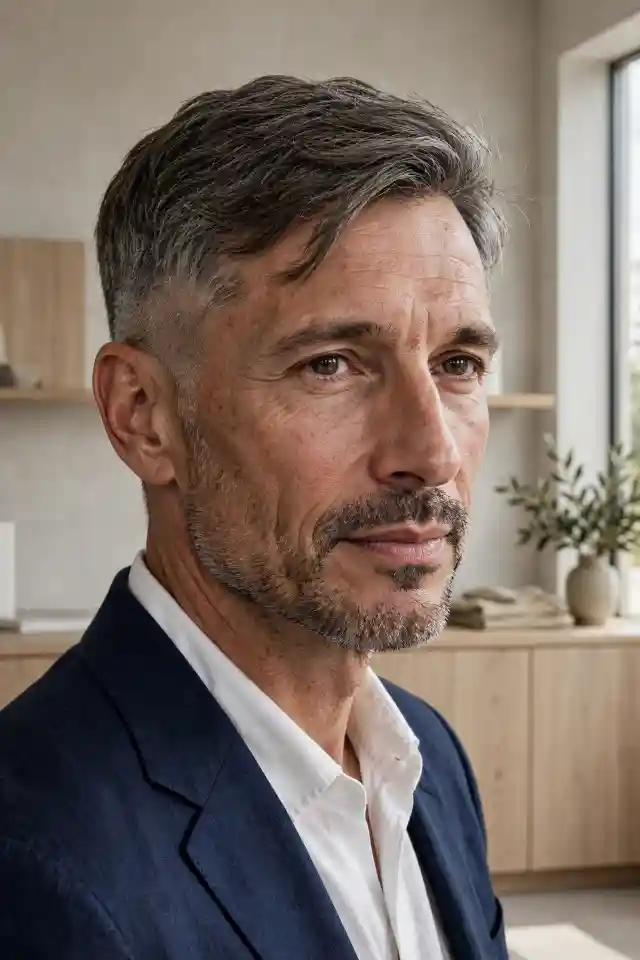 Taglio corto sfumato con ciuffo laterale per uomo over 50 con viso lungo Uomo elegante over 50 con capelli brizzolati e taglio corto sfumato con ciuffo laterale morbido, barba corta curata e blazer blu in interno minimalista con legno chiaro