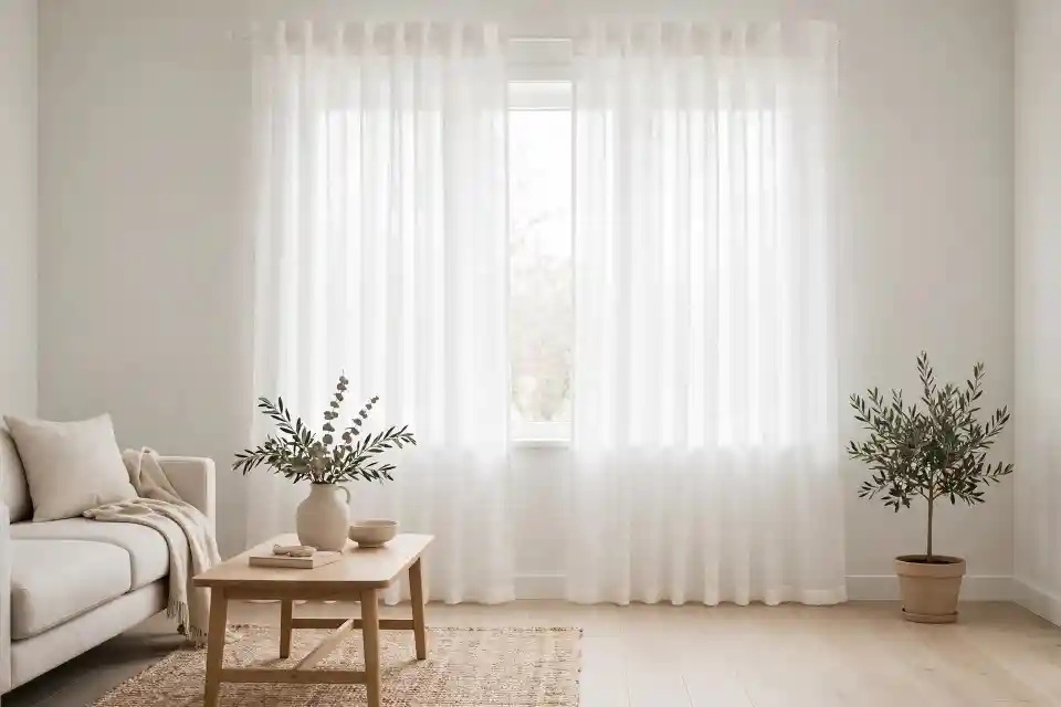 Tende IKEA accorciate correttamente in soggiorno moderno Tende IKEA accorciate correttamente senza cucire in soggiorno moderno minimal, lunghezza perfetta a 1 cm dal pavimento