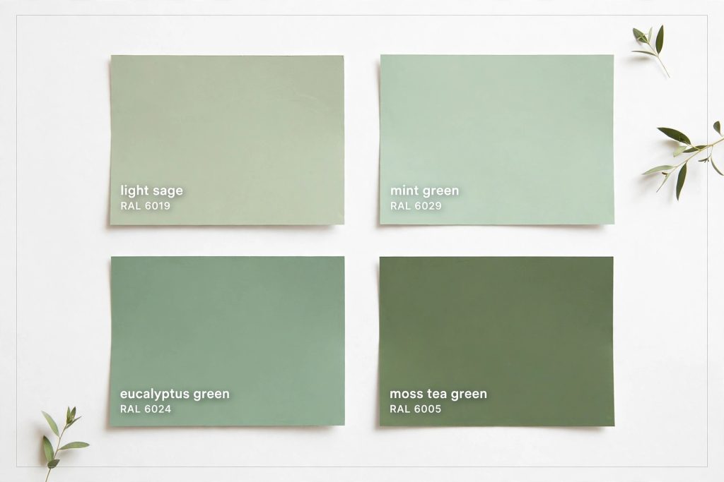 Palette di 4 tonalità di verde per bagno con codici RAL e NCS a confronto