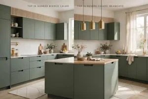 Confronto top cucina verde salvia tra quarzo bianco caldo e rovere chiaro sbiancato in cucina moderna RAL 6021