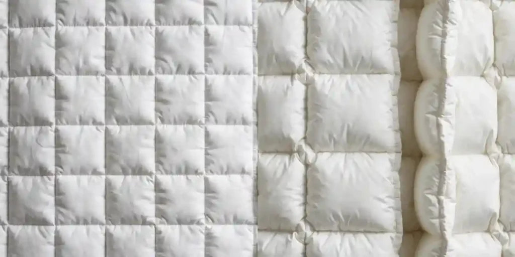 Piumino letto: differenze tra trapuntatura passante e a cassettoni Confronto tecnico tra due piumini letto bianchi: a sinistra trapuntatura passante con cuciture piatte a quadrati, a destra costruzione a cassettoni tridimensionali gonfi con bordino laterale voluminoso