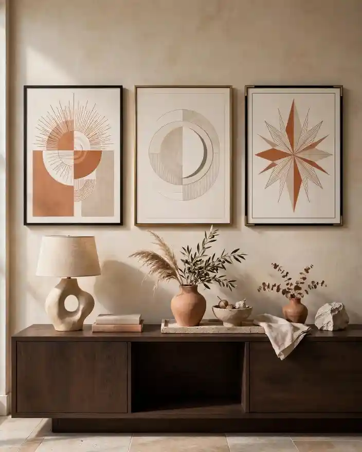 Trittico moderno di tarocchi reinterpretati per carte e tarocchi nell'arredamento Soggiorno contemporaneo sofisticato con parete beige caldo e tre grandi stampe artistiche astratte ispirate ai tarocchi Sole Luna e Stella in stile geometrico moderno terracotta e beige, cornici nere e ottone sopra madia in legno scuro, idea raffinata per carte e tarocchi nell'arredamento
