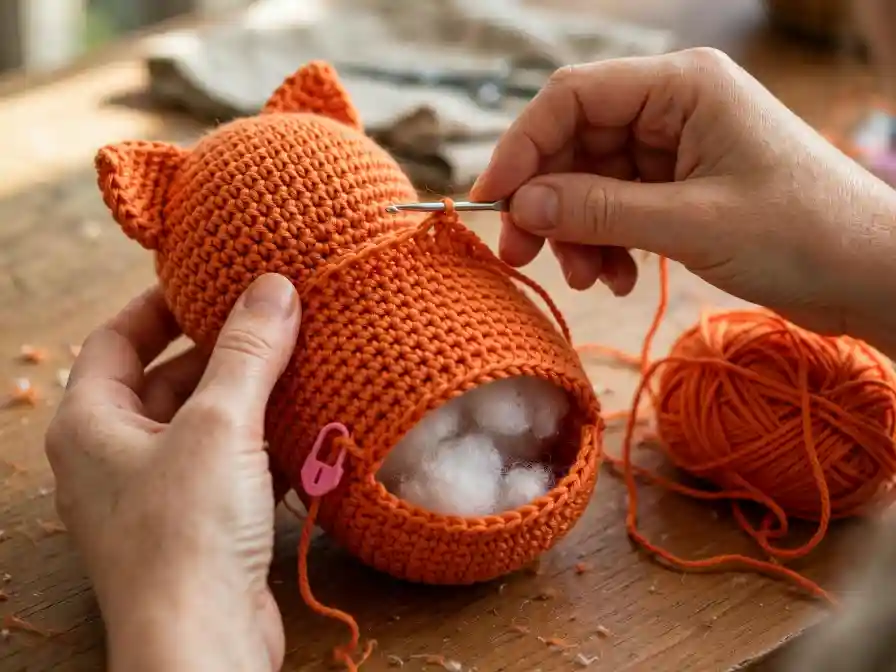Tutorial corpo gatto amigurumi all'uncinetto Mani che lavorano all'uncinetto il corpo di un gatto amigurumi arancione