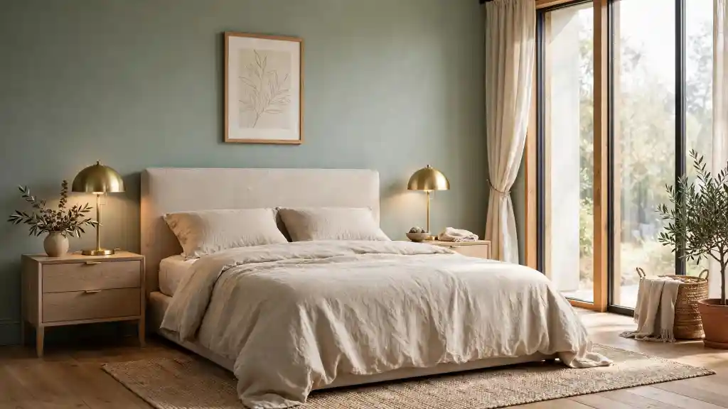 Verde artemisia: camera da letto rilassante Camera da letto con parete verde artemisia, letto con testiera beige, lampade in ottone e vista sul giardino