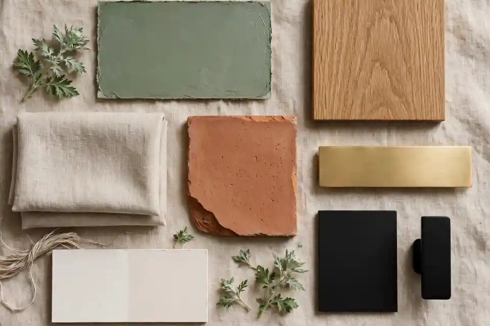 Verde artemisia: moodboard colori e materiali Moodboard con campione di verde artemisia, legno, terracotta, lino, ottone e nero, affiancati a rametti di artemisia vera