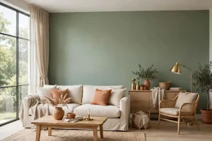Soggiorno con parete color verde artemisia, divano beige con cuscini terracotta e arredi in legno e vimini