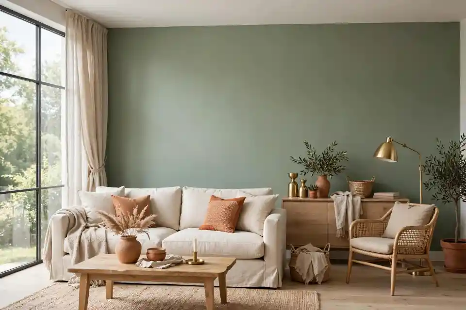 Verde artemisia: abbinamento parete e arredi soggiorno Soggiorno con parete color verde artemisia, divano beige con cuscini terracotta e arredi in legno e vimini