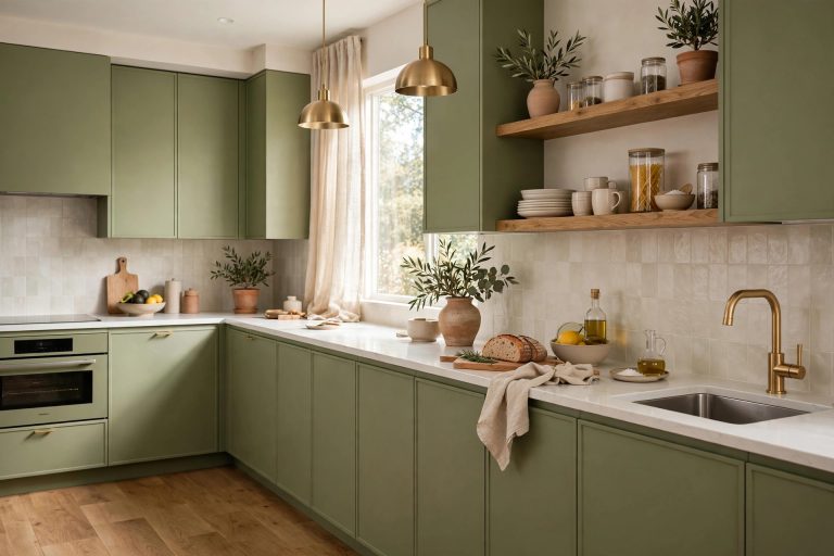 Cucina verde avocado moderna a L con top bianco, mensole rovere e rubinetteria ottone