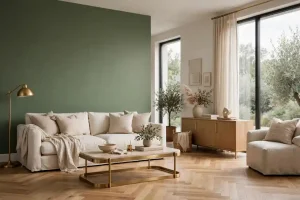 Soggiorno con parete color verde canna RAL 6013, divano beige, tavolino in marmo e ottone, parquet a spina di pesce