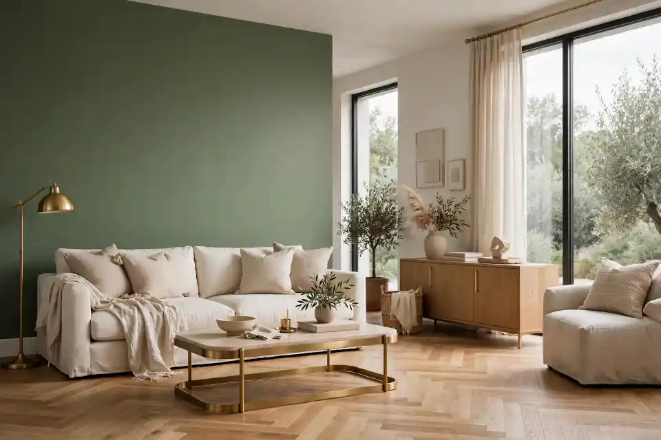 Verde canna RAL 6013: abbinamento parete e arredi soggiorno Soggiorno con parete color verde canna RAL 6013, divano beige, tavolino in marmo e ottone, parquet a spina di pesce