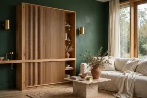 Soggiorno con pareti verde kale profondo, libreria alta in rovere naturale a listelli verticali, divano in lino grezzo crema, tavolino in marmo beige venato e vaso in terracotta con rami secchi