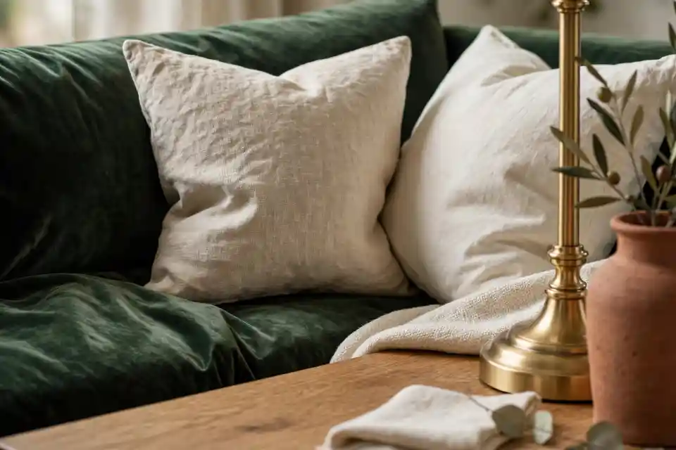 Dettaglio di divano in velluto verde kale profondo con cuscini in lino grezzo e cotone color crema, plaid naturale, lampada da tavolo in ottone satinato e vaso in terracotta su piano in rovere