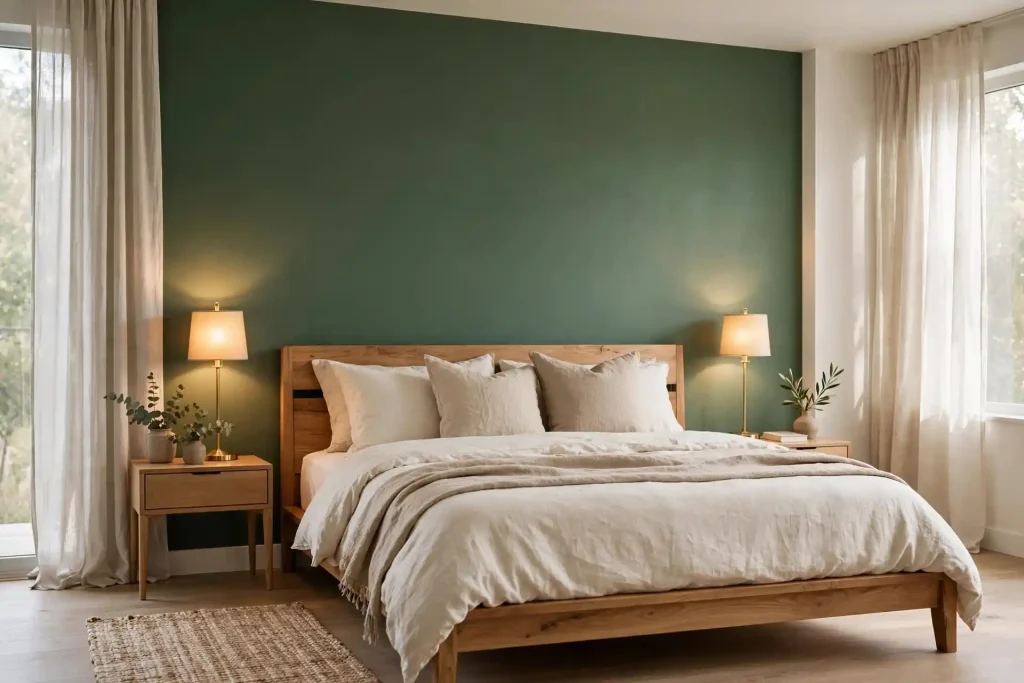 Camera da letto con parete verde kale Pantone 18-0107 e letto in rovere Camera da letto con parete dietro testiera in verde kale Pantone 18-0107 e letto in legno con lino beige