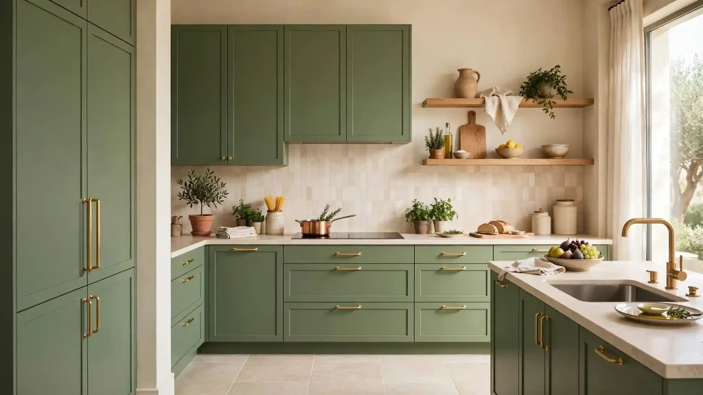 Cucina con mobili verde kale Pantone 18-0107 e top crema Cucina moderna con mobili in verde kale Pantone 18-0107, top crema e maniglie in ottone satinato