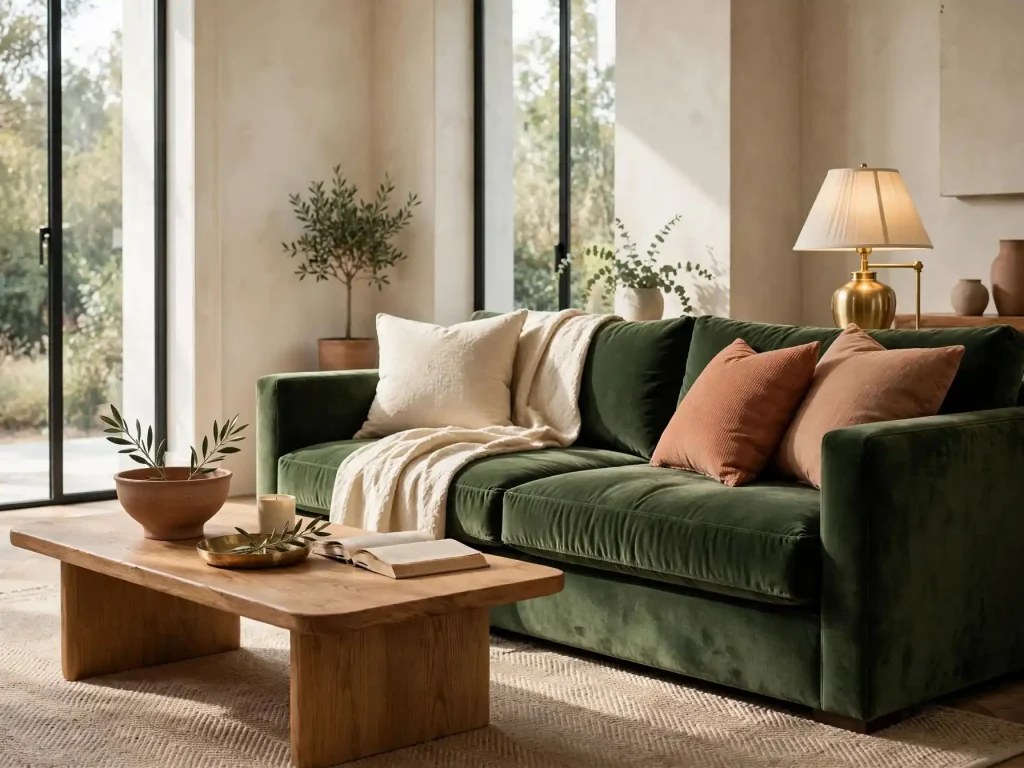 Living con divano in velluto verde kale Pantone 18-0107 Living con divano in velluto verde kale Pantone 18-0107 su pareti avorio con cuscini terracotta