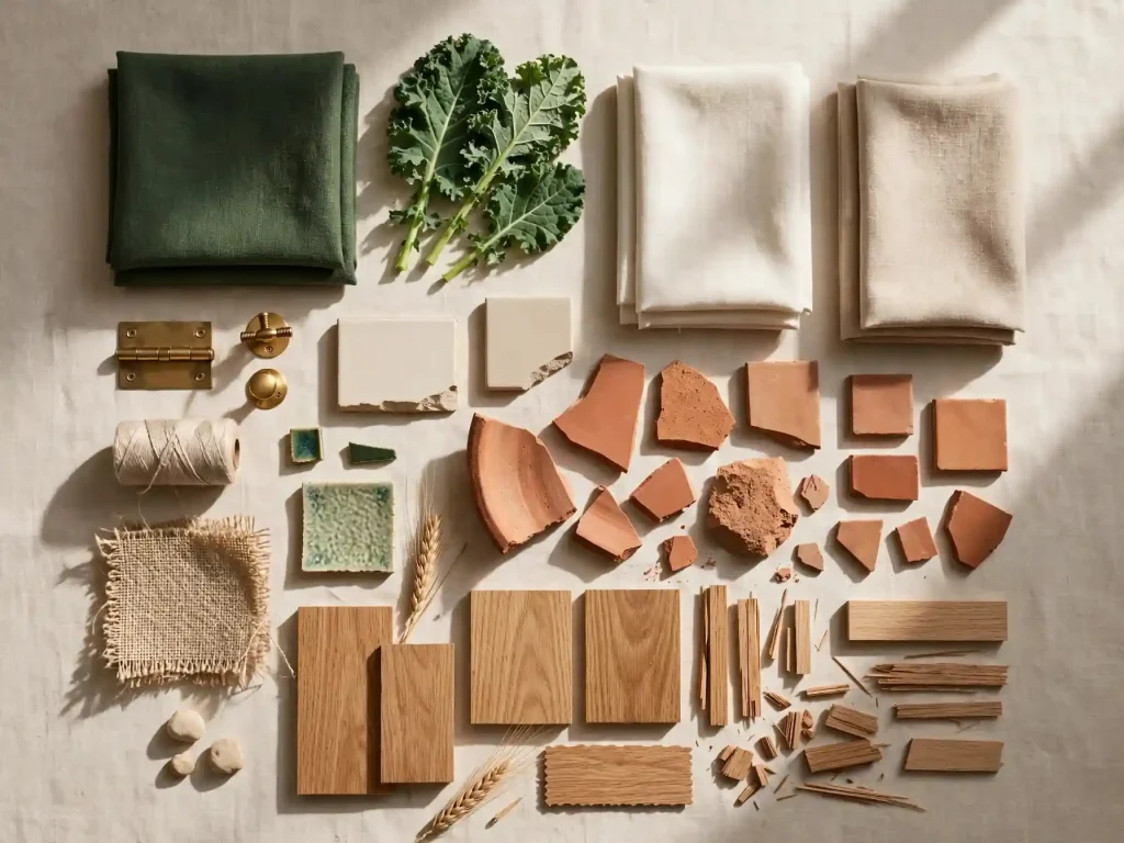 Moodboard verde kale Pantone 18-0107 - palette terracotta lino rovere Moodboard editoriale materiali verde kale Pantone 18-0107 con lino, ceramica, terracotta, rovere e ottone