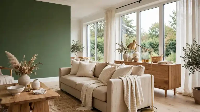 Soggiorno contemporaneo con parete in verde kale Pantone 18-0107, divano in lino crema e dettagli in legno rovere e ottone